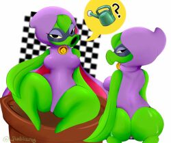 :>= ? big_ass big_breasts black_eyes clothed female fertilizing_(artist) green_body green_shadow green_shadow_(pvz) peashooter_(pvz) plant plant_girl plantie plants_vs_zombies plants_vs_zombies:_heroes pot purple_clothing purple_eyeliner question_mark spoken_heart sweat watering_can