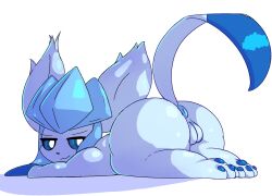 2023 anus ass big_butt blue_anus blue_body blue_eyes blue_fur blue_pawpads canid colored digital_media_(artwork) eeveelution eyelashes female feral fur generation_4_pokemon genitals glaceon hi_res lodetail long_ears lying mammal nintendo on_front pawpads plump_labia pokemon pokemon_(species) pseudo_hair puffy_anus pussy shaded solo tail third-party_edit