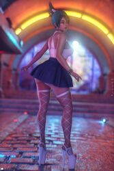 1girls 2xp_studios 3d asian asian_female ass_focus ass_grab breasts female female_focus fishnets green_skin high_heels kiriko_(overwatch) light-skinned_female looking_back miniskirt outdoors outside overwatch overwatch_2 pizz3d platform_heels puzz3d skirt solo solo_female tank_top