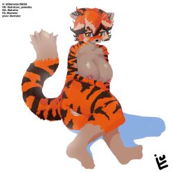 anthro arknights big_breasts big_tail black_nose breasts brown_stripes feet felid female fur genitals hi_res holding_breast humanoid_feet hypergryph illutrator looking_away lying mammal multicolored_body multicolored_fur nipples on_side orange_body orange_eyes orange_fur pantherine pink_nipples plantigrade pussy shadow simple_background solo striped_body striped_fur stripes studio_montagne tail tiger waai_fu_(arknights) white_background white_stripes