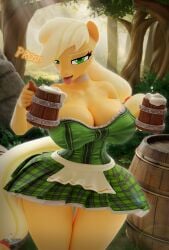 1girls 3d 3d_(artwork) alcohol anthro anthrofied applejack_(mlp) barrel beer big_breasts blonde_hair busty container deep_cleavage dress earth_pony equine female_only forest friendship_is_magic front_view green_eyes hair_accessory holding_object hooves-art long_hair long_tail looking_at_viewer mammal mug my_little_pony neckwear oktoberfest open_mouth orange_body outdoors outside plant pony solo solo_female standing sunrays text thighs three-quarter_view tied_hair tied_tail tongue_out tree yellow_tail