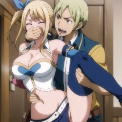 ai_generated blonde_hair closed_eyes clothing covering_another's_mouth covering_mouth fairy_tail gagged hand_gagged hand_over_another's_mouth hand_over_mouth handgag lucy_heartfilia one_leg_up ponytail rape sexual_harassment skirt