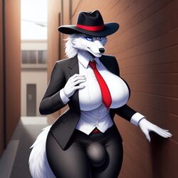 ai_generated alley alleyway anthro big_breasts big_bulge big_penis blue_eyes breasts bulge button_down_shirt fedora futa_only futanari gangster hand_on_breast hand_on_chest mobster red_tie solo suit tagme white_button_down_shirt white_fur wide_hips wolf wolf_tail