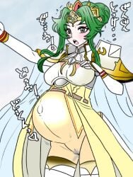 1girls armor bodystocking boots breasts brown_eyes cape drooling elbow_gloves elincia_ridell_crimea female female_only fingerless_gloves fire_emblem fire_emblem:_path_of_radiance fire_emblem:_radiant_dawn gloves green_hair hand_on_own_chest japanese_text kuroihi_(kuroihitsuji) medium_breasts nintendo open_mouth partially_visible_vulva pregnant pussy_juice pussy_juice_stain saliva short_hair solo text thighhigh_boots translation_request