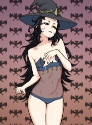 1girls bare_arms bare_shoulders bare_thighs bat black_hair black_nails blue_panties bodystocking breasts collarbone covered_navel facial_mark facial_tattoo female female_only fire_emblem fire_emblem_fates forehead_mark halloween halloween_costume hand_on_own_chest long_hair looking_at_viewer messy_hair nail_polish nintendo nyx_(fire_emblem) panties petite pink_eyes shoulders simple_background small_breasts solo tattoo thighs underwear very_long_hair wabaki witch witch_hat