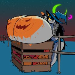 blue_skin breasts breasts_bigger_than_body breasts_bigger_than_head brush female_only gigantic_breasts grey_skin halloween halloween_costume homestuck horns huge_breasts hyper_breasts large_areolae ms_paint_adventures painted pumpkin pumpkin_boobs rancidducky solo solo_female solo_focus vriska_serket