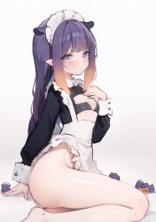 big_ass big_butt elf_ears fat_ass flat_chest flat_chested hololive hololive_english hololive_myth koahri long_ears long_hair long_sleeves looking_at_viewer maid_headdress maid_uniform ninomae_ina'nis no_panties purple_eyes purple_hair shiny_skin thick_ass thick_thighs virtual_youtuber white_background