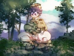 female marlushii marlushii_(character) marsha_makarov military military_hat military_jacket military_uniform military_vehicle oc original_character peeing pussy soldier soldier_uniform squatting