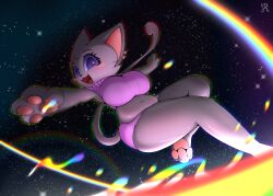 anthro blush clothed clothing domestic_cat ear_piercing ear_ring eyebrows felid feline felis female fur furry glowing glowing_body gray_fur navel_piercing pawpads paws rainbow smile smiling solo solo_female space surfing sweat thick_thighs