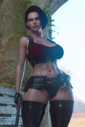 1girls 2xp_studios 3d big_breasts blue_eyes bra breasts brown_hair capcom clothing curvy_female curvy_figure female female_focus firearm gun handgun human jill_valentine jill_valentine_(sasha_zotova) light-skinned_female outdoors pale_skin pizz3d puzz3d resident_evil resident_evil_3 resident_evil_3_remake solo solo_female suppressor thighhighs voluptuous voluptuous_female weapon wide_hips