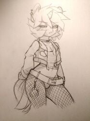 1boy 2016 belt choker crop_top ear_piercing femboy fishnets handcuffs jean_vest male male_only midriff my_little_pony short_hair shorts sketch tail thigh-high-pony thigh_high_(thigh-high-pony) unicorn unicorn_horn vest