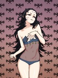 1girls bare_arms bare_shoulders bare_thighs bat black_hair black_nails blue_panties bodystocking breasts collarbone covered_navel facial_mark facial_tattoo female female_only fire_emblem fire_emblem_fates hand_on_own_chest long_hair nail_polish nintendo nyx_(fire_emblem) panties pink_eyes shoulders simple_background small_breasts solo tattoo thighs underwear very_long_hair wabaki