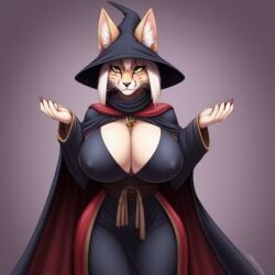 ai_generated anthro big_breasts breasts cat_ears cat_tail clothing exposed_breasts feline female feminine green_eyes hips nipple_bulge nipples orange_fur robes solo solo_female tagme white_hair wide_hips window witch witch_hat wizard wizard_hat