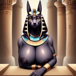 ai_generated anthro anubian_jackal black_body black_fur black_hair black_nipples black_nose blue_eyes concerned concerned_smile cuffs egyptian egyptian_clothes egyptian_headdress egyptian_mythology female female_only gold_cuffs gold_eyes gold_jewelry jackal leaning leaning_forward leaning_on_object looking_at_viewer pillar solo tagme temple