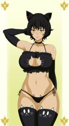 bell_collar black_hair black_legwear black_panties breasts cat_ears cat_lingerie catgirl choker elbow_gloves eyeshadow hand_behind_head huge_breasts kali_belladonna keyhole_bra large_breasts milf mother navel reiichiart rwby short_hair thick_thighs thighhighs thong wide_hips yellow_eyes