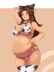 1girls big_breasts bikini blush breasts catgirl cow_bikini female female_only huge_belly lactation lactation lactation_without_expressing large_breasts milk palitexx pregnant ready_to_pop solo thighhighs