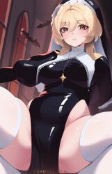 1girls baby_bao blonde_hair breasts church clothing female genshin_impact hi_res large_breasts lumine_(genshin_impact) nun nun's_habit nun_outfit pelvic_curtain solo spread_legs squatting thighhighs veil