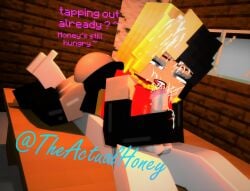 1boy 3d big_ass big_breasts big_butt black_and_blonde_hair cum cum_on_face cumshot cumshot_in_mouth dick elastigirl_(cosplay) female honey_(tah) mine-imator minecraft on_table sucking_penis the_incredibles theactualhoney