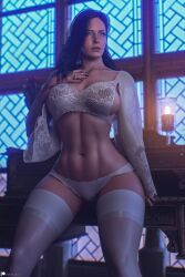 1girls 2xp_studios 3d black_hair breasts brown_hair cd_projekt_red female female_focus indoors light-skinned_female lingerie long_fingernails pizz3d puzz3d solo solo_female stockings the_witcher_(series) the_witcher_3:_wild_hunt thighhighs voluptuous voluptuous_female white_lingerie wide_hips yennefer