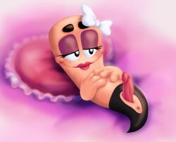 1boy anus blurry_background bottomwear bow earthworm erection eyelashes eyeshadow femboy floating_hands half-closed_eyes heart_pillow lineless lipstick makeup male male_only no_humans non-human penis pillow solo stinkek team17 toony worm worms_(series)