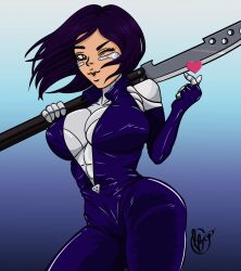 1girls alita battle_angel_alita breasts cleavage dark_hair dark_purple_hair female female_only fully_clothed hear la_blue_gal light-skinned_female light_skin long_hair one_eye_closed purple_hair short_hair solo standing thighs weapon wink