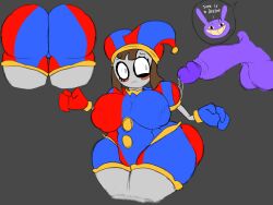 2023 2d 2d_(artwork) 2d_artwork artist_request ass big_ass big_breasts big_penis breasts brown_hair dialogue dialogue_box female glitch_productions gloves gooseworx grey_body jax_(the_amazing_digital_circus) jester_costume jester_hat jester_outfit looking_at_penis male penis pomni pomni_(the_amazing_digital_circus) precum purple_penis tagme the_amazing_digital_circus thick_thighs