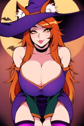 ahri ai_generated alternate_costume bats big_breasts breasts cleavage fox_ears fox_girl halloween halloween_costume huge_breasts large_breasts league_of_legends leaning_forward lips lipstick looking_at_viewer nai_diffusion orange_hair purple_dress riot_games stable_diffusion thick_thighs thighhighs vastaya witch_hat yellow_eyes