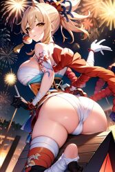 ai_generated ass ass_focus bare_shoulders blonde_hair blush breasts cameltoe female fireworks from_behind genshin_impact gloves hair_ornament huge_ass large_breasts long_hair looking_at_viewer mismatched_gloves orange_eyes ponytail sarashi shimenawa shiny shiny_clothes shiny_hair shiny_skin short_kimono sideboob smile solo tattoo thick_thighs thighhighs yoimiya_(genshin_impact)