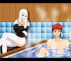 1boy 1girls bathing bathroom bathtub embarrassed emiya_shirou fate/extra fate/grand_order fate/stay_night fate_(series) female habit necklace nun red_hair reiichiart sesshouin_kiara side_slit sitting thick_thighs thighhighs white_legwear yellow_eyes