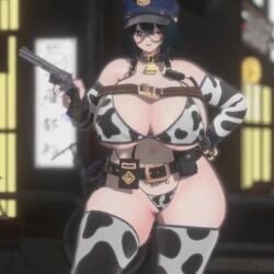 3d animated badge big_breasts bikini black_hair cow_girl cow_print female firearm glasses gun handgun hat police police_uniform revolver sinensian sinensian_(character) sound tagme thick_thighs video voluptuous vrchat weapon wide_hips