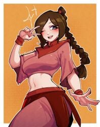 1girls avatar_the_last_airbender belly_button big_breasts blush braid braided_ponytail brown_hair busty capri_pants cute female female_focus female_only fire_nation fully_clothed happy happy_female light-skinned_female looking_at_viewer midriff midriff_baring_shirt noblewoman one_eye_closed open_mouth pale-skinned_female pale_skin posing seductive skirt smile smiling solo solo_female solo_focus sporty standing swept_bangs thick_thighs tummy ty_lee v wholesome wink winking_at_viewer wristbands yutakke