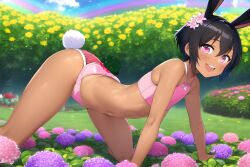 1boy ai_generated all_fours ass ass_focus big_ass big_butt black_hair bunny_ears bunny_tail crop_top femboy flower garden girly looking_at_viwer looking_back novelai panties pink_eyes presenting_hindquarters rabbit_ears rabbit_tail rainbow rear_view short_hair smile smiling smiling_at_viewer