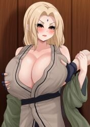 1girls blush breast_grab breasts cleavage disembodied_hand embarrassed female groping_breasts hi_res huge_breasts light-skinned_female light_skin massive_breasts mature_female milf naruto naruto_(series) naruto_shippuden the_only_shoe tsunade