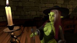 1girls 3d breasts character_request cleavage cute female goblin goblin_female green_skin humanoid long_hair original original_character red_hair shortstack transparent_clothing witch witch_hat