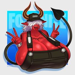 big_breasts bust busty cap demon demon_girl demon_horns demon_tail desdemona_(fortnite) fanart female fortnite fortnite:_battle_royale hair_over_eyes horns huge_breasts mokiro mokiro_ overalls peace_sign piercing red_skin self_upload spade_tail tail tattoos tongue tongue_out tongue_piercing video_game_character video_games white_hair