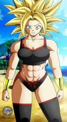 1girls beach big_breasts black_swimsuit bracelet breasts dragon_ball dragon_ball_super eyebrows_raised female female_only kefla parasol pendant red_tie sand smile smiley_face super_saiyan thick_thighs tight_clothing yellow_hair