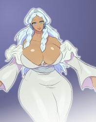 1girls avatar_legends avatar_the_last_airbender barely_contained big_breasts blue_eyes breasts busty cleavage clothed clothed_female clothing dark-skinned_female dress female female_focus female_only jay-marvel old_art spirit spirit_(avatar) tight_dress water_tribe white_hair yue