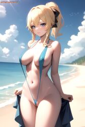 1girls ai_generated beach big_breasts bikini blonde_hair blue_eyes breasts female female_only genshin_impact jean_gunnhildr lenjoy pussy sea sling_bikini slingshot_swimsuit standing thick_thighs watermark wide_hips