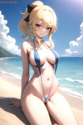 1girls ai_generated beach big_breasts blonde_hair blue_eyes breasts female genshin_impact jean_gunnhildr lenjoy pussy sea sitting sling_bikini slingshot_swimsuit watermark