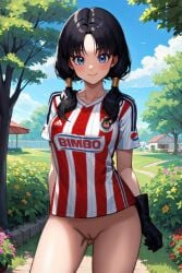 1girls adidas ai_generated bimbo_(bakery) black_gloves black_hair blue_eyes blue_sky bottomless bottomless_female cleft_of_venus cloud club_deportivo_guadalajara cowboy_shot day daytime dragon_ball_z facing_viewer flower gloves grass grupo_bimbo house light_blush light_smile long_hair looking_at_viewer nekom14 outdoors pepsi pussy soccer_jersey solo standing tree twintails uncensored vertical-striped_shirt videl