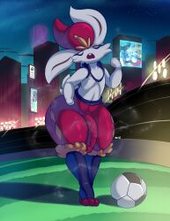 absurd_res ball bodily_fluids cinderace feet foreskin generation_3_pokemon generation_8_pokemon genitals hi_res hyper hyper_genitalia jirachi lagomorph legendary_pokemon leporid maehdoggie male mammal musk_clouds nintendo penis pokemon pokemon_(species) rabbit soccer_ball stadium sweat toes vein veiny_penis