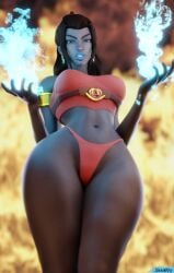 1girls 3d avatar_legends avatar_the_last_airbender azula bikini bikini_bottom blackwashed blender_(software) blue_lipstick clothed clothing dark-skinned_female dark_skin female fire fire_nation fire_nation_clothing low-angle_view race_swap smitty34 solo thong