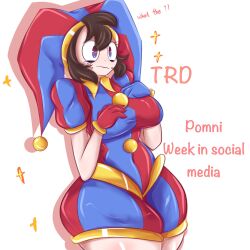 2023 2d 2d_(artwork) 2d_artwork big_breasts brown_hair female glitch_productions gloves gooseworx hands_on_breasts jester_costume jester_hat jester_outfit pomni_(the_amazing_digital_circus) short_hair the_amazing_digital_circus thick_thighs trd-yo