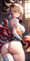 ai_generated ass ass_focus bare_shoulders blonde_hair blush breasts cameltoe female from_behind genshin_impact gloves grin hair_ornament huge_ass large_breasts long_hair looking_at_viewer orange_eyes ponytail sarashi shimenawa shiny shiny_clothes shiny_hair shiny_skin short_kimono sideboob smile solo tattoo thick_thighs thigh_strap yoimiya_(genshin_impact)