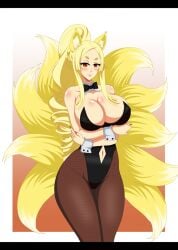 blonde_hair bowtie breasts bunnysuit collar crossed_arms detached_sleeves eyebrows female fox_ears fox_girl fox_tail high_school_dxd huge_breasts kitsune large_breasts long_hair milf mother multiple_tails orange_eyes pantyhose ponytail reiichiart stockings tied_hair yasaka_(high_school_dxd)