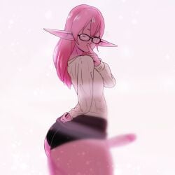 2022 ass breasts elf elf_ears flat_chest fog futa_only futanari glasses huge_ass huge_thighs looking_at_viewer panties penis pink_eyes pink_hair pink_penis pink_skin pointy_ears purpleguyri riley_moore_(artist) rosea_(riley_moore) small_breasts sweater wink