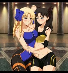 2girls black_hair blonde_hair blue_eyes breast_press brown_hair catfight drill_hair duo duo_female fate/grand_order fate/kaleid_liner_prisma_illya fate/stay_night fate_(series) female female_only grabbing hair_ribbon large_breasts lord_el-melloi_ii_case_files luviagelita_edelfelt multiple_girls reiichiart rivals sexfight small_breasts sports_bra sportswear tohsaka_rin twintails yuri