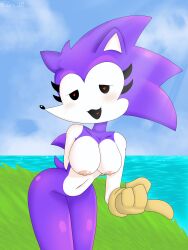 :3 areolae blush breasts eyelashes gloves heart-shaped_pupils looking_at_viewer navel needlemouse_(character) needlemouse_(series) nipples open_mouth pointing purple_fur sarah_henderson_(needlemouse) sonic.exe_(series) sonic_(series) spix_1.0 springy_1.0 thick_thighs white_skin