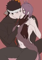 1boy 1girls breast_grab breast_press breast_squish chin_grab clothed face_grab female gloves holding_face kiss kissing konan looking_at_another male male/female naruto naruto_(series) naruto_shippuden navel red_eyes scar sharingan straight tagme tagme_(artist) tobi uchiha_obito