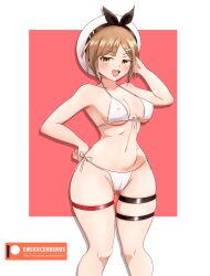 1girls alternate_version_available atelier_(series) big_breasts bikini bikini_bottom bikini_top blush bottomwear breasts brown_eyes brown_hair cleavage emixxcerberus female female_only hand_behind_head hand_on_hip hat headwear hips reisalin_stout smile solo solo_female swimwear thick_thighs thigh_strap thighs topwear white_bikini wide_hips